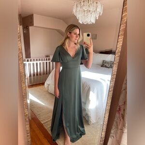 Azazie Lani Stretch Satin Dress | Eucalyptus Green | A8